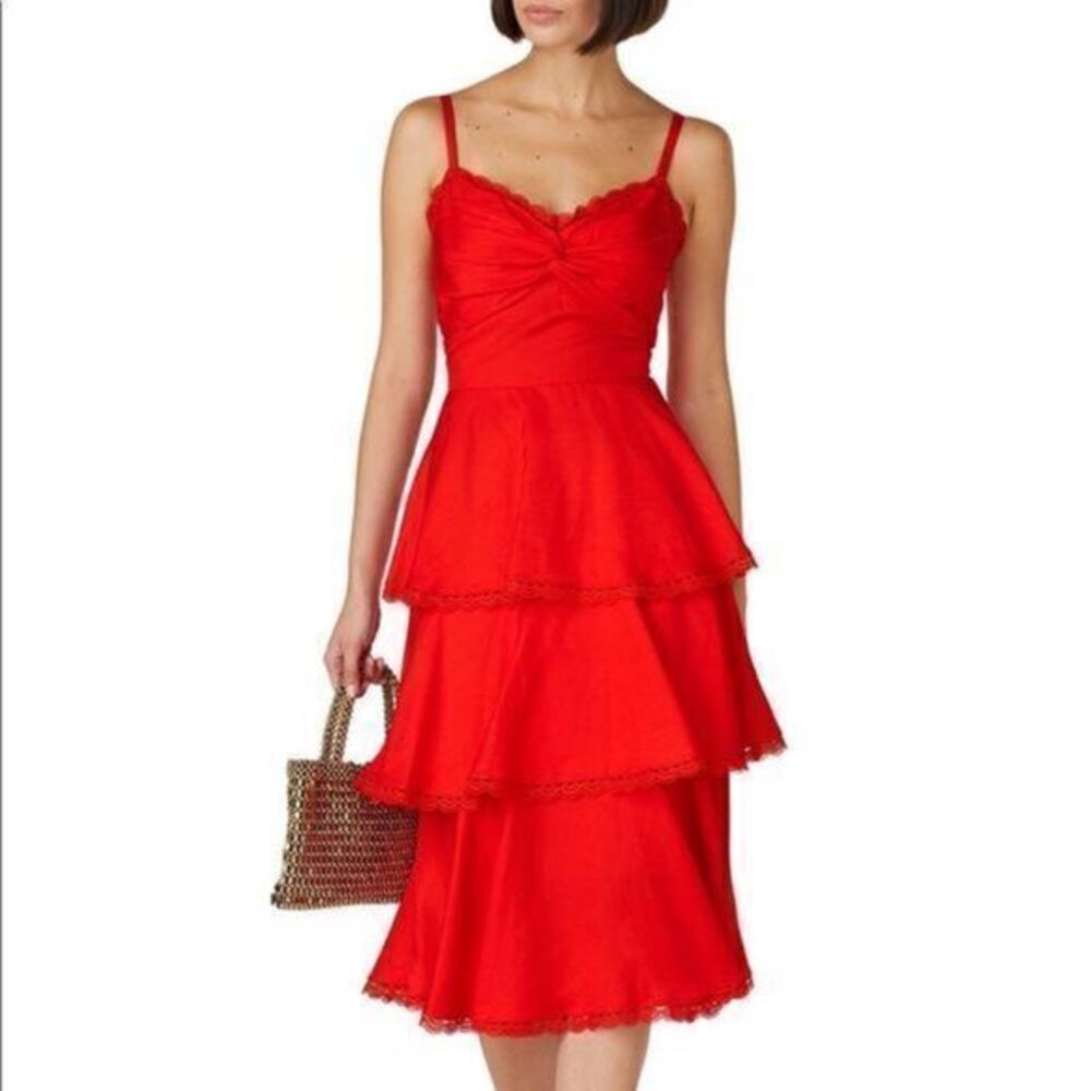Marchessa Notte red ruffle midi tiered dress